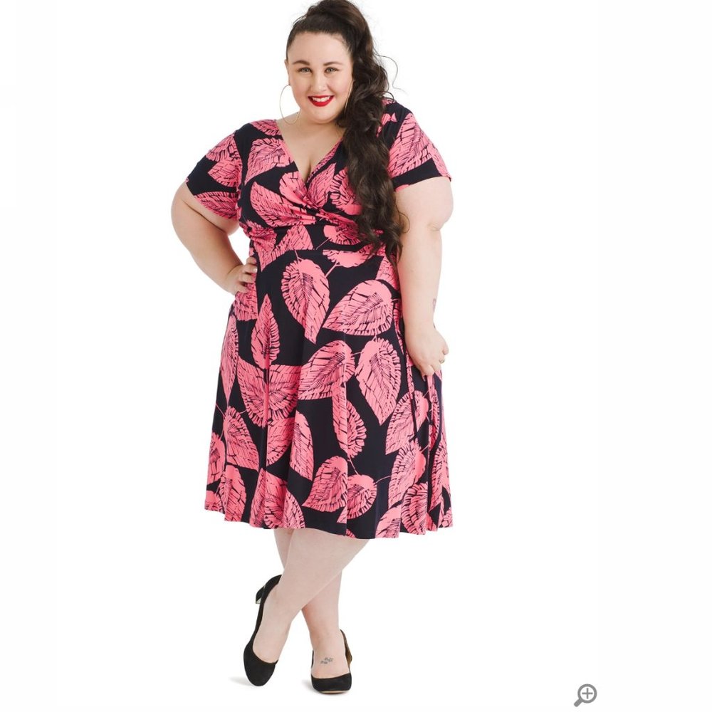 Maggy London Navy and Coral Leaf Print Dress Faux Wrap Plus Size 24W
